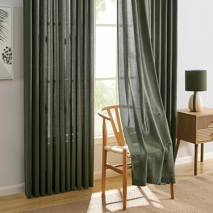 RAIN CITY 90 Inch Long Linen Curtains 2 Panels Set, Back Tab Pinch Pleated with Hooks, Light Filtering Modern Neutral Decor Window Curtain Drapes for Bedroom,- Loden/Olive Forest W42 x L90