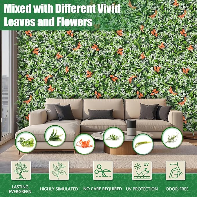 Greenery Wall Panels, 20"x20" 6PCS UV Protected Fake Grass Backdrop Privacy Fence Screen, Artificial Hedges for Outdoors Indoors Green Decor