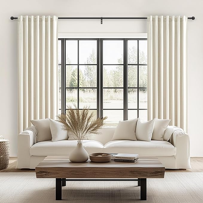 Linen Blend Cream Colored Curtains 102 Inches Long for Dining Room 2 Panels Set, Blackout Farmhouse Country Pleated Window Drapes with Back Tab Rod Pocket 8-1/2 FT Length Slider Door Curtain