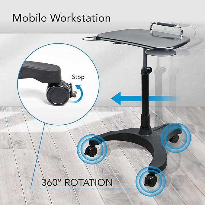 EHO Mobile Laptop Desk Cart with Wheels, Height Adjustable Standing Desk with Pneumatic Lift, Rolling Workstation with Mouse Tray and Cup Holder, Portable Table for Home Office or Classroom