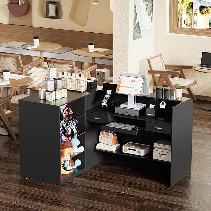 PAKASEPT Reception Desk with Counter for Retail & Checkout,Modern Front Reception Counter with Drawers & Open Shelves,L-Shaped Retail Counter with Storage for Countertop,Beauty Salon,Shop,Bar,Black