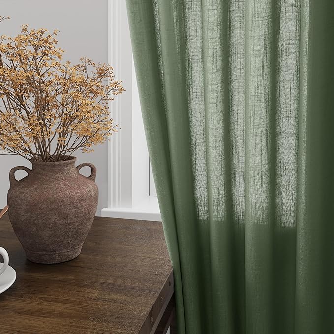 Nanspring Olive Green Linen Blend Semi Sheer Light Filtering Curtains 86 Inches Long 2 Panel Set Pocket Back Tab Privacy Home Decor Curtain Drapes for Bedroom Living Room 52x86