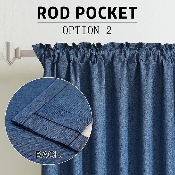 DUALIFE 96 Inch Curtains 2 Panel Set Farmhouse Blackout Heat Reducing Sun Block Out Curtains for Bedroom Dorm UV Blocking Noise Canceling Burlap Linen Look Drapes Rod Pocket Back Tab,50 X 96 Blue