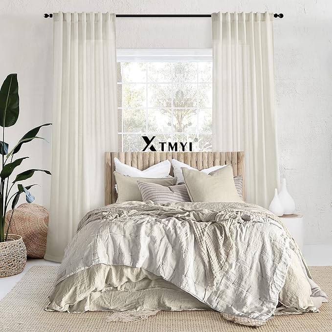 XTMYI 78 Inch Long Linen Sheer Curtains,2 Panels Set Back Tab Pleated Boho Light Filtering Semi Sheer Curtains for Sliding Glass Door,Cream Ivory,40x78 in Length