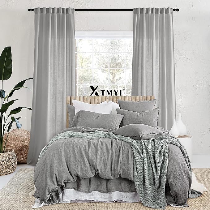 XTMYI Grey 63 Inch Length 2 Panels Back Tab/Hook Belt Linen Cotton Sheer Curtains for Bedroom,50 Inch Wide