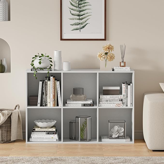 Wooden Cube Storage Organizer with Closed Back Panel, 11in Cube Shelf Opening, Bookshelf, Display Shelf,Closet Cabinet for Home and Office (Embossed White, 6-Cube 35.98L*9.45W*24.09H)