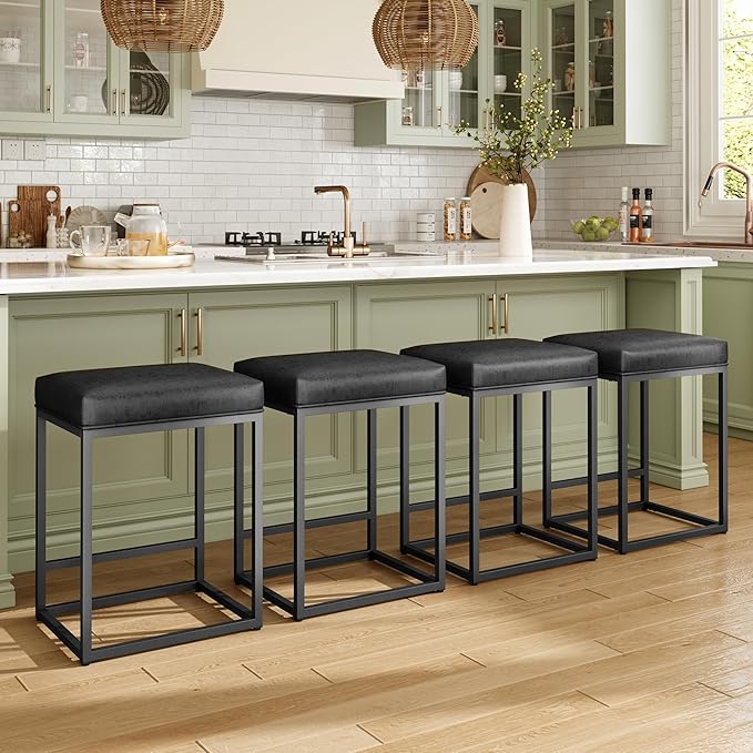 MAISON ARTS Bar Stools Set of 2 | Counter Height Bar Stools for Kitchen Island | Modern Black Barstools with Metal Frame&Faux Leather Upholstery | Farmhouse Backless Bar Stool | 24" Bar Height Stools