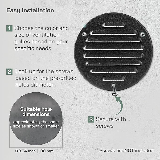 Vent Systems - 4 Inch (Inner) Pack of 2 Black Metal Round Soffit Air Vent Grille Cover, Register air Vent Deflector, Louver - Built-in Mesh - HVAC for Bathroom, Home Office, Kitchen 5 Inch (Outer)