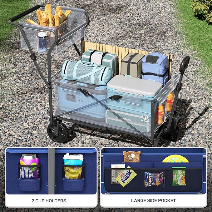 EVER ADVANCED Collapsible Push & Pull Shopping Cart with Wheels & Brakes, Foldable Wagon for Groceries with Practical Basket, Side Pockets & Cup Holders, Beach Utility Rolling Cart for Camping, Blue
