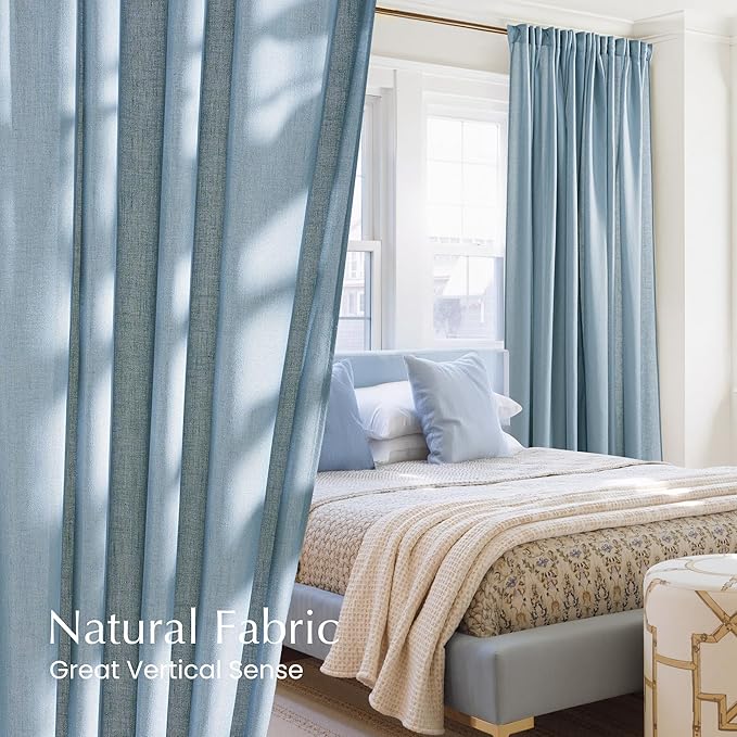 NICETOWN Semi Sheer Linen Stone Blue Curtains for Living Room, Back Tab/Rod Pocket with Pleat Tape Privacy Added with Light Filtering Window Treatments for Bedroom, W52 x L84, 2 Panels