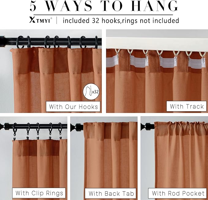 XTMYI Fall Curtains for Living Room,Back Tab Hooks Pleated Linen Sheer Burnt Orange Curtains 96 Inches Long for Bedroom Set 2 Panels