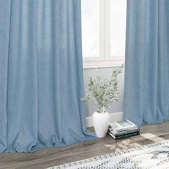 Nanspring Dusty Blue Linen Curtains 95 Inch Length for Living Room 2 Panel Set Burlap Textured Semi Sheer Linen Drapes Rustic Country Window Treatment Farmhouse Drop Cloth Curtain for Dinning Room