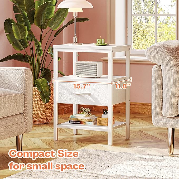 SUPERJARE Nightstand with Charging Station, Bed Side Table with Adjustable Fabric Drawer, Night Stand for Bedroom, 3-Tier Storage End Table, for Living Room, White
