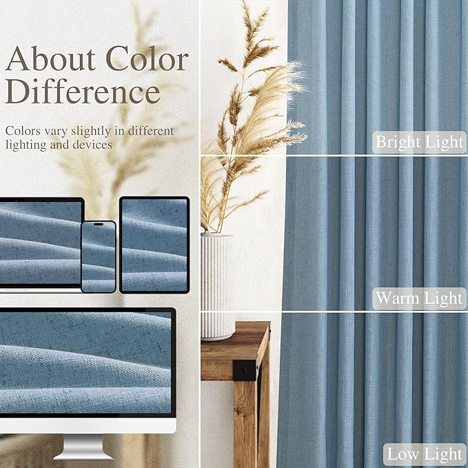 Nanspring Dusty Blue Linen Curtains 95 Inch Length for Living Room 2 Panel Set Burlap Textured Semi Sheer Linen Drapes Rustic Country Window Treatment Farmhouse Drop Cloth Curtain for Dinning Room
