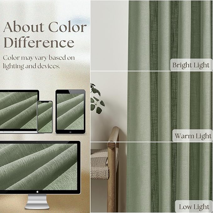 Sage Green Pinch Pleated Linen Cafe Curtains 45 Inch Length 2 Panels for Dining Room Kitchen Bedroom Semi Sheer Pleat Drapes with Hooks Rings Light Filtering Short Window Curtain Cabinet 40x45
