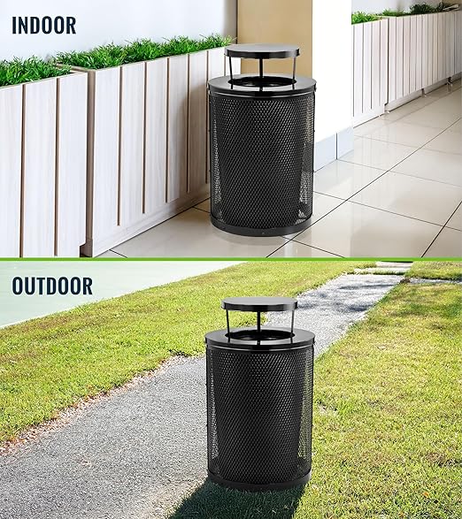 Alpine Outdoor Trash Can 36 Gallon Diamond Steel Commercial Metal Waste Bin with Leak Proof Liner, Heavy Duty Steel Mesh Design, Rain Bonnet Lid & Flat Lid for Parks, Streets, and Public Spaces-Black