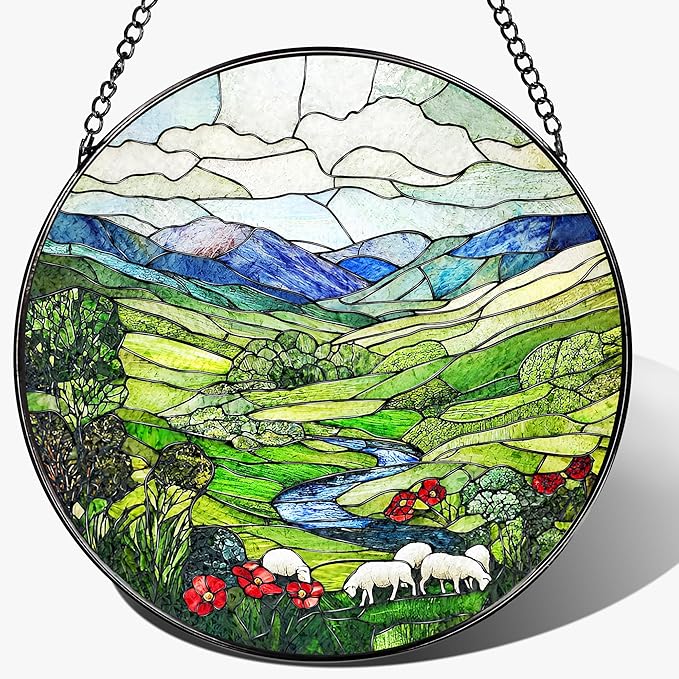 Stained Glass Window Hanging, Pauyadu 8 Inch Green Irish Hills Stained Glass Suncatcher, Window Decorations for Home, Christmas, Mother's Day, Birthday, Gifts for Women, Perfect for Nature Lovers