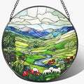 Stained Glass Window Hanging, Pauyadu 8 Inch Green Irish Hills Stained Glass Suncatcher, Window Decorations for Home, Christmas, Mother's Day, Birthday, Gifts for Women, Perfect for Nature Lovers