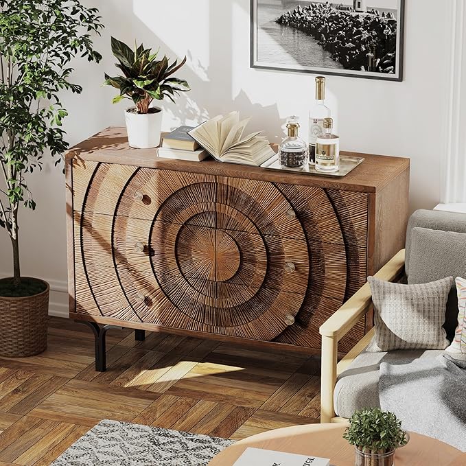 Farmhouse 6-Drawer Dresser, Accent Wooden Chest of Drawers with Circle Pattern and Radioactive Wood Lines,Accent Storage Dresser for Living Room, Bedroom, Brown
