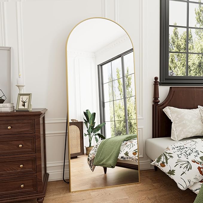 Full Length Mirror Arched Floor Length Mirrors, 71"x26" Large Full Body & with Stand&Arch Wall Mounted &Standing Mirror for Bedroom Living Room, Aluminum Frame, Gold