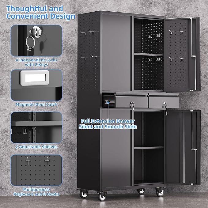 Aobabo 71" H 2 Drawer Metal Storage Cabinet with Wheels and 4 Pegboards,Lockable Steel Garage Storage Cabinet with 2 Adjustable Shelves,Black,Assembly Required