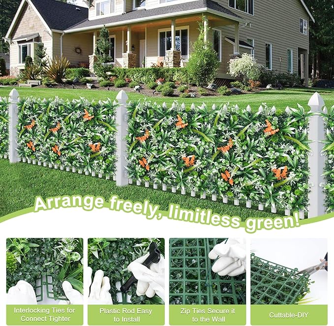 20"X20" Artificial Boxwood Panels, 12PCS Grass Wall Hedge Panels UV-Protected Greenery Privacy Hedge Screen, Grass Backdrop Wall for Indoor Outdoor Patio Balcony, Party Garden Fence Decor