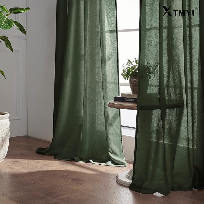 XTMYI 102 Inch Length Olive Green Sheer Linen Curtains 2 Panels Set,Hook Belt Pleated Back Tab Cotton Polyester Blend Light Filtering Semi Sheer Curtain Drapes for Living Room Bedroom,50x102 in Long