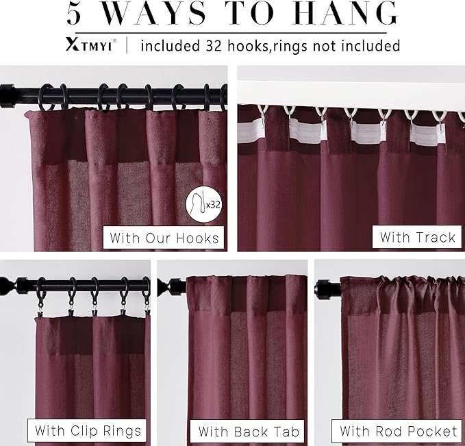 XTMYI Dark Red Burgundy Curtains 63 Inch Length for Dining Room Kitchen Window,2 Panels Light Filtering Semi Privacy Linen Sheer Curtain for Bedroom