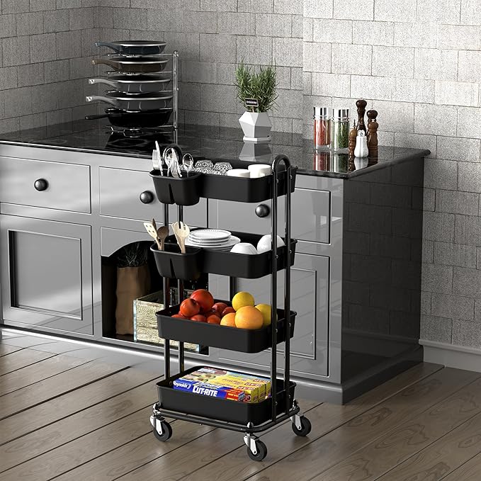 Simple Houseware 4-Tier Multifunctional Rolling Utility Cart with Hanging Buckets, Black