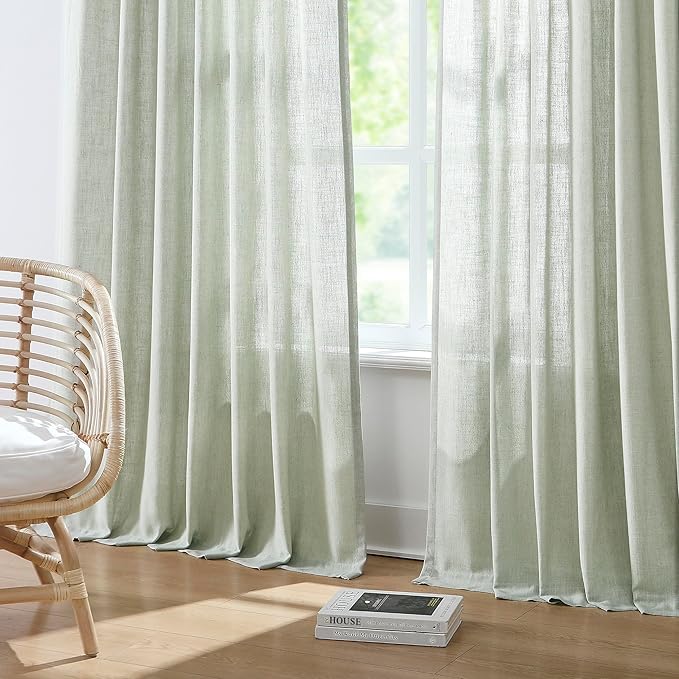Vision Home Soft Green Pinch Pleated Semi Sheer Curtains Textured Linen Blended Light Filtering Window Curtains 72 inch for Living Room Bedroom Patio Pinch Pleat Drapes with Hooks 1 Panel 60" Wx72 L