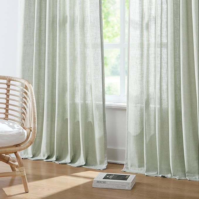 Vision Home Light Green Pinch Pleated Semi Sheer Curtains Textured Linen Blended Light Filtering Window Curtains 112 inch for Living Room Bedroom Patio Pinch Pleat Drapes with Hooks 1 Panel 60"Wx112"L