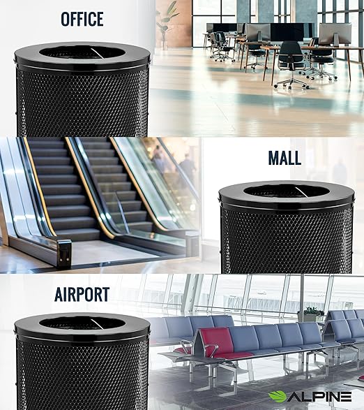 Alpine Outdoor Trash Can 36 Gallon Diamond Steel Commercial Metal Waste Bin with Leak Proof Liner, Heavy Duty Steel Mesh Design, Flat Wide Open Top Lid for Parks, Streets, and Public Spaces-Black