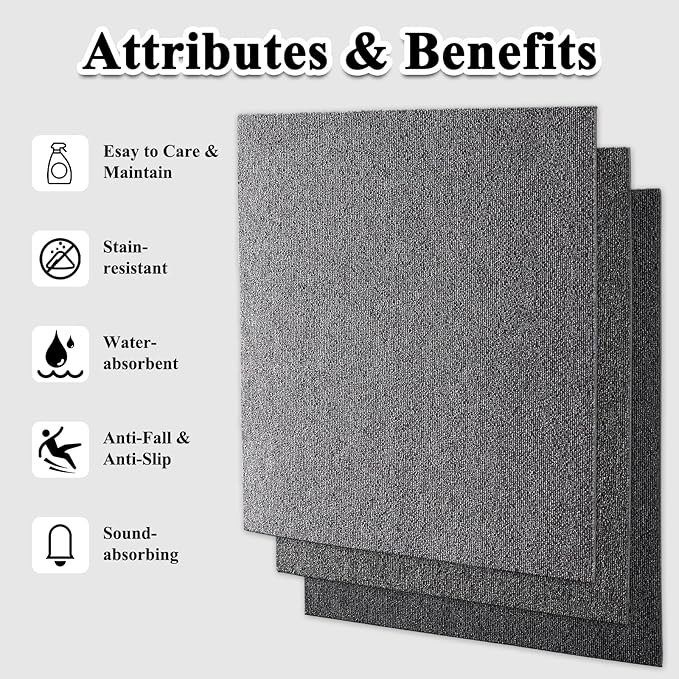 20" X 20" Carpet Tiles, Carpet Squares, 24 Tiles/64.5 Sq.Ft per Box, Floor Carpet Tiles for Home Office Industry, Light Grey