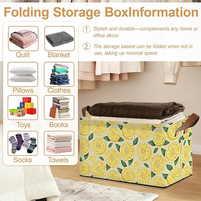 Lemon Storage Bin with Handles, Basket Storage Organizer for Shelves, Closet, Nursery, Book, Laundry Hamper & Home Decor