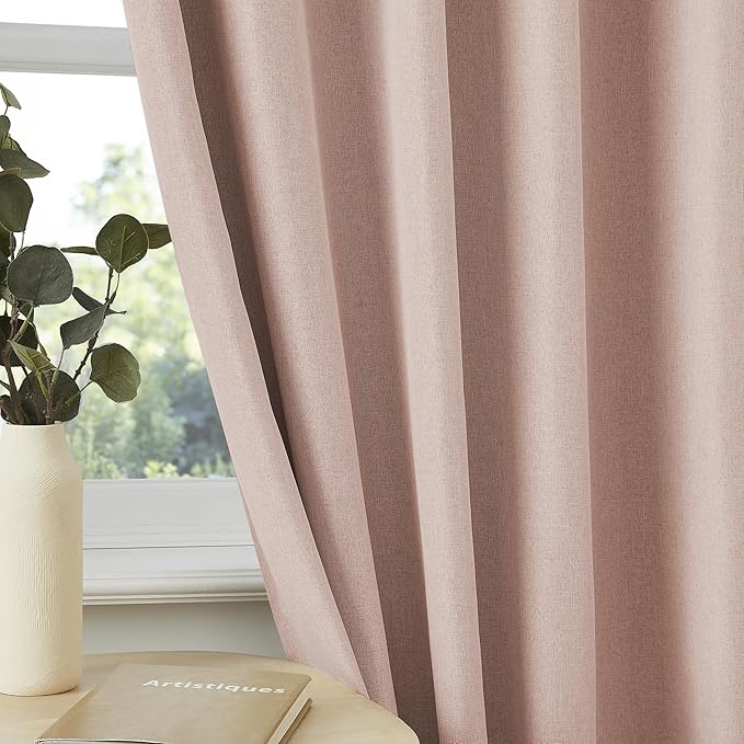 Cute Dusty Pink Blackout Linen Curtains 105 Inches Long - Rose Blush Pinch Pleat Track Curtains Blackout with Hooks Viral Pleat Drapes for Girls Bedroom Nursery,50 by 105 Inch, 2 Panels, Back Tab