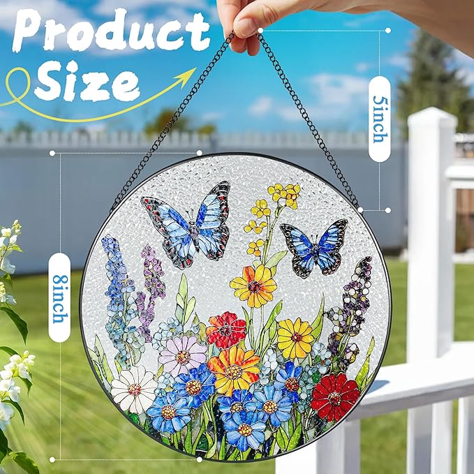 Stained Glass Window Hanging, 8 Inch Stained Glass Suncatcher Ornament, Suncatchers for Windows Hanging, Window Decor, Gift for Mothers Day, Butterfly Lover Gifts, Flower Lover Gifts