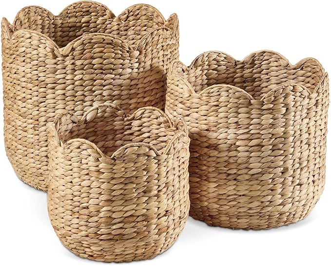 Best Choice Products 3pc Water Hyacinth Scalloped Multipurpose Nesting Baskets, Storage Bin Organization Totes for Living Room, Bedroom, Nursery, Laundry Room - Natural