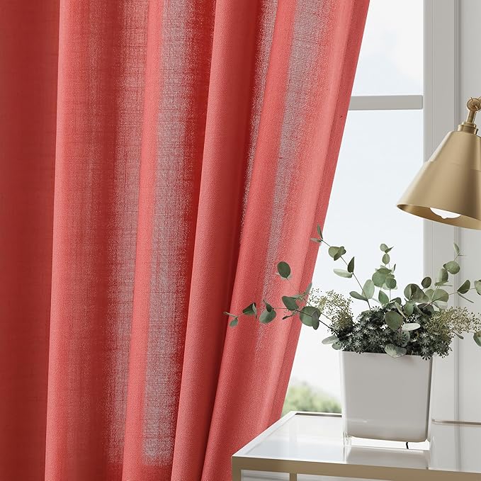 Nanspring Linen Curtains 96 Inch Curtains 2 Panels,Watermelon Red - Back Tab Rod Pocket Sheer Light Filtering Boho Room Decor Aesthetic Neutral Farmhouse Drapes for Living Room Bedroom 8Ft