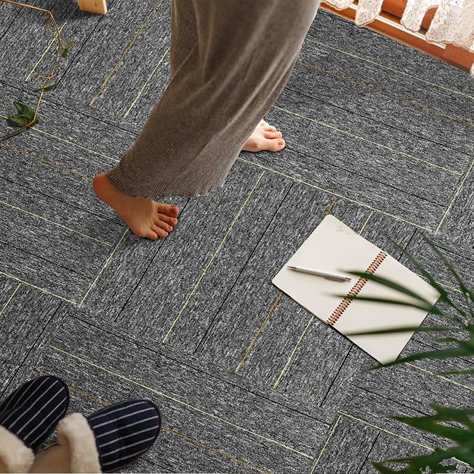 24 * 24in Self-Adhesive Carpet Tiles, Peel and Stick Floor Squares for Home Office, Removable Decorative Rug Mat, Easy Install, Sound Absorbing (10Pcs Light Grey)