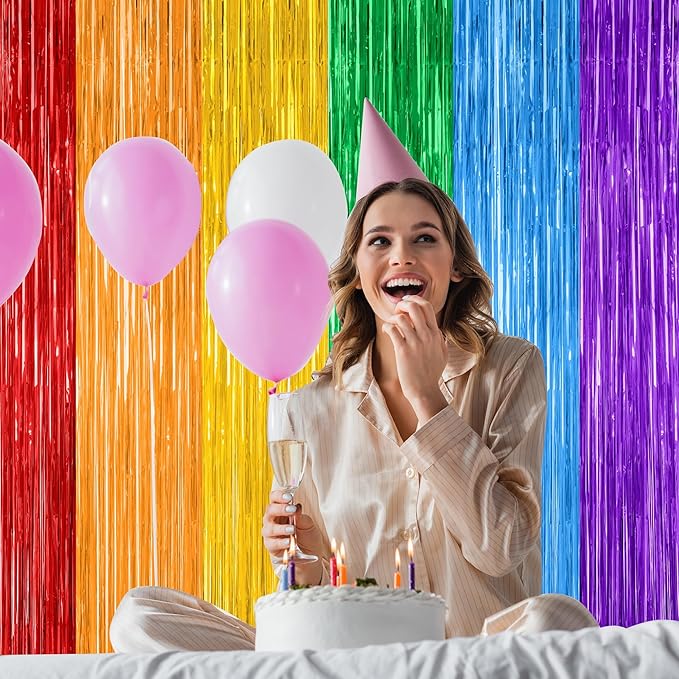 4 Pack Pride Decorations, 3.28 FT x 7.05 FT Rainbow Backdrop, Metallic LGBT Party Decor Foil Tinsel Party Streamer Backdrop Curtains, Rainbow Curtains Birthday Photo Booth Props