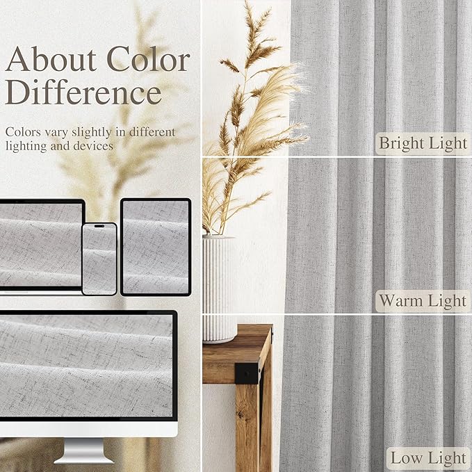 Silver Linen Curtains 96 Inches Long for Living Room Rod Back Tab Vintage Rustic Farmhouse Light Filtering Curtain Burlap Textured Linen Drapes 96 Inch Length for Dinning Room Bedroom 52x96 8 FT