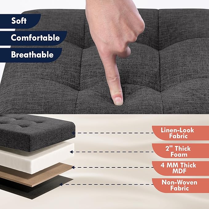 Ornavo Home Foldable Tufted Linen Large Storage Ottoman Bench Foot Rest Stool/Seat - 15" x 45" x 15" (Black)