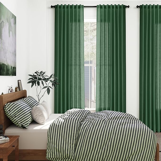 Green Semi Sheer Curtains 108 Inches Long 2 Panels Set Back Tab Loop Pocket Linen Blend Boho Large Window Curtain Extra Long Light Filtering Drapes High Ceiling Curtains for Living Room 52x108