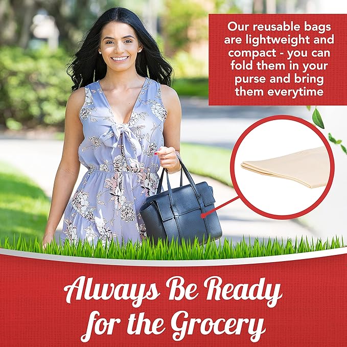 Simply Cool 50 Pack Reusable 'Thank You' Eco-Friendly Grocery Shopping Bags 19.6" x 16.1" x 7" 60 gsm Durable, Recyclable, Washable, Foldable, Portable Tote Bags Bulk (Cream, Loop Handle)