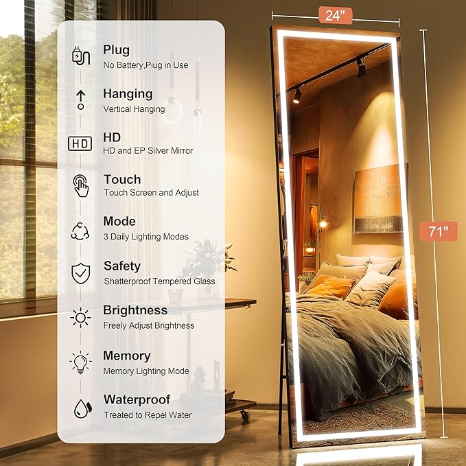 Full Length Mirror with Lights, 71" x 24" LED Lighted Floor Standing Body Mirror, Dimmable & 3 Color Lighting for Bedroom, Cloakroom, Dressing Room, Tempered Glass, Square Black