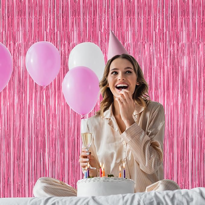 4 Pack Birthday Decorations, 3.28 FT x 7.05 FT Pink Backdrop, Metallic Happy Birthday Backdrop Fringe Curtains Party Streamer, Bachelorette Party Decorations Princes Birthday Valentines Party Decor