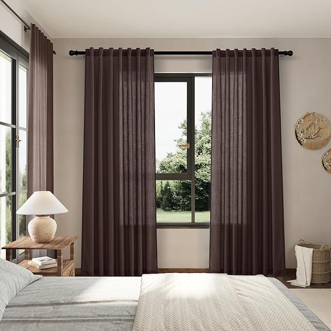 Nanspring Coffee Boho Curtains for Bedroom Back Tab Rod Pocket Semi Sheer Linen Curtains 90 Inches Long 2 Panel Set Light Filtering Neutral Farmhouse Lightweight Drapes for Living Room 52x90
