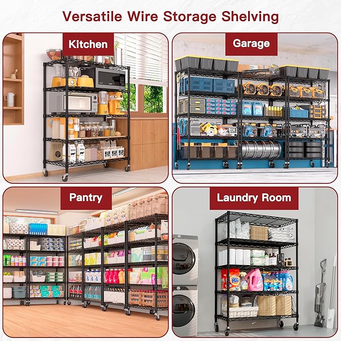 PrimeZone Wire Shelving Unit with Wheels, 5 Tier Adjustable NSF Certified Heavy Duty Metal Storage Shelves, Pantry Organizer Rack Rolling Kitchen Shelf for Closet, 24" W x 18" D x 75" H, Black, 3 PCS