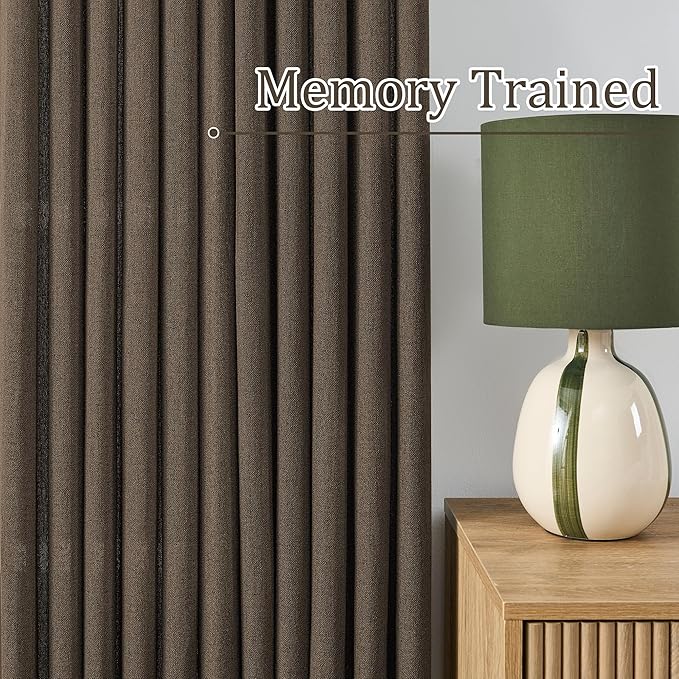 Brown Pleated Linen Curtains 63 Inches Long Farmhouse Semi Sheer Memory Trained Shape Pinch Pleat Drapes with Hooks Back Tab Ripple Fold Curtain for Bedroom Living Room 42x63