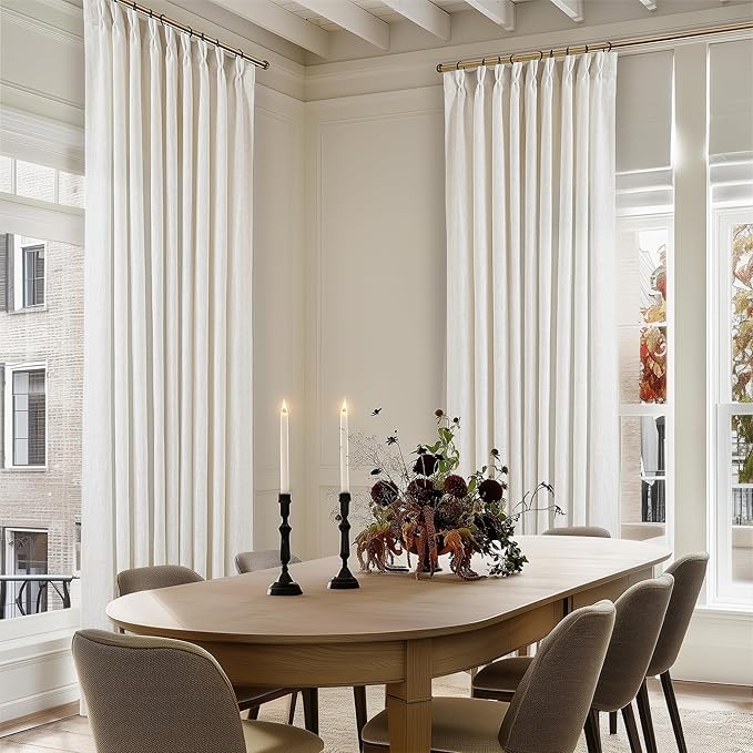 Extra Wide 60 Inch Width Pinch Pleated Curtains 96 Inch Length for Living Room Thick Linen Boho Curtain Memory Shape Light Filtering Privacy for Bedroom Large Windows Hooks Rings Cream 1 Panel 60x96